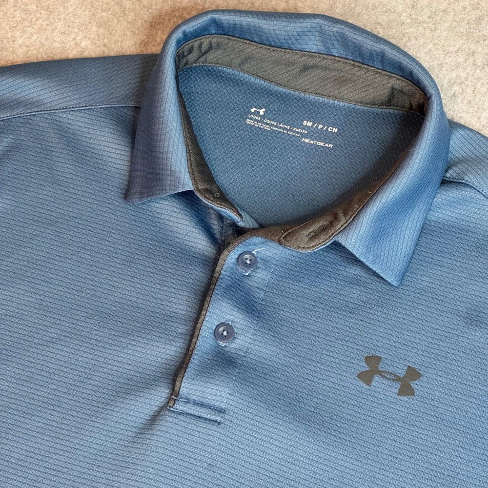 Under Armour Mens HeatGear Polo Shirt Blue Heather Stripe Loose Fit Small